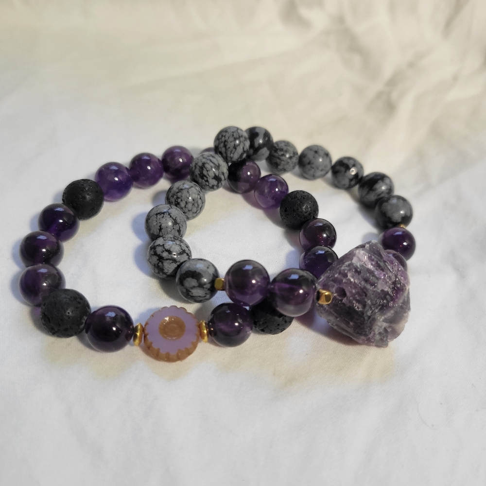 Amethyst Lava Bead Bracelet Set - Handmade